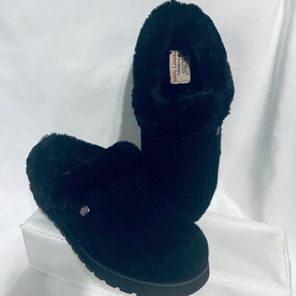 Bobs Skechers Memory Foam Women's Clog Slip On Slippers-Faux Fur/Black Knit-Warm - Picture 3 of 15